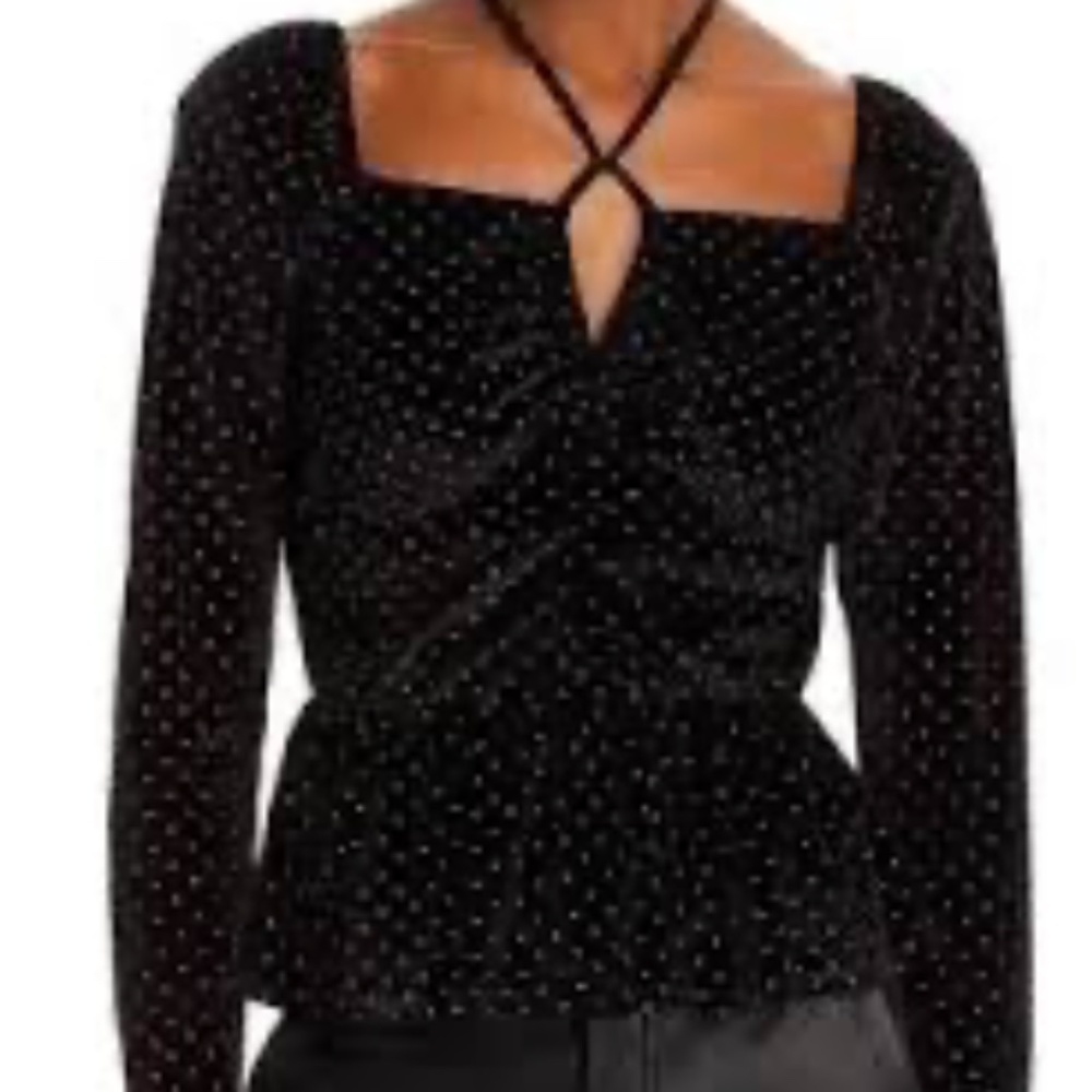 Aqua Black Velour Peplum Blouse Size S Gold Studs Keyhole Long Sleeves Cocktail